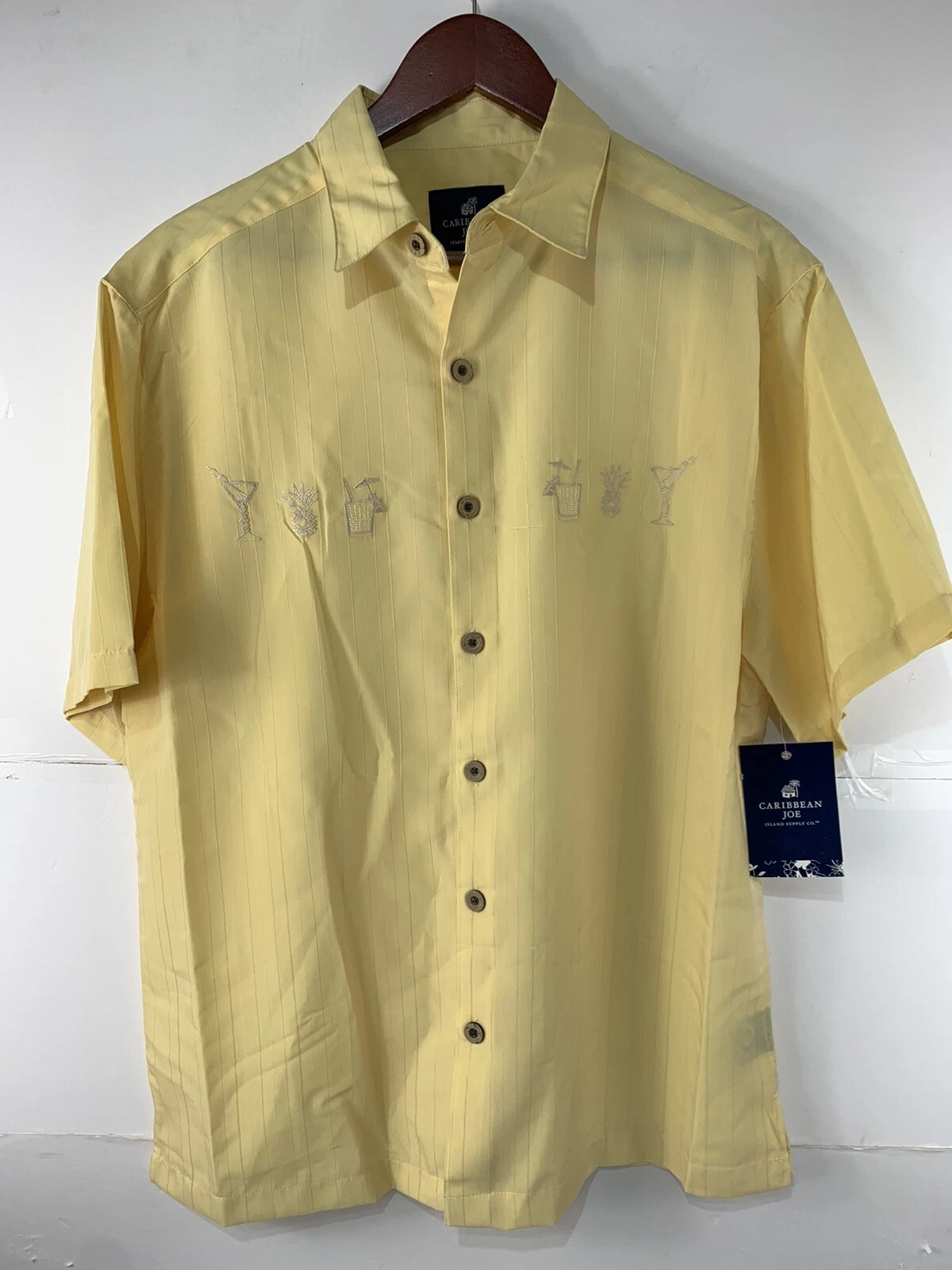 Carribean Joe Mens Medium Yellow Button Up Hawaiian Collared Shirt