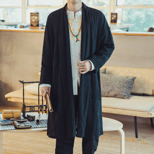 Men Japanese Kimono Coat Jacket Loose Yukata Outwear Long Bathrobe Top Retro - Picture 3 of 11