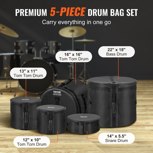 VEVOR 5-Piece Drum Bag Set Padded Drum Cases 1680D Oxford Fabric Foldable - Picture 3 of 12