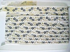 5 yards Blue  Metallic Gold Woven Jacquard Floral Sewing Trim Ribbon 1" Vintage