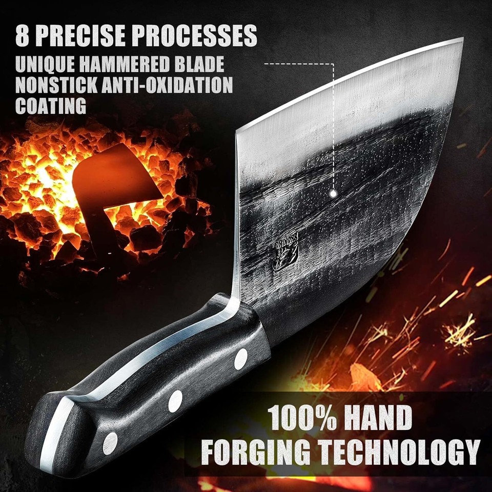 ENOKING Meat Cleaver Hand Serbian Chef Knife with Leather Sheath
