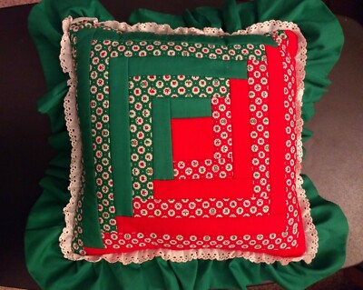 Vintage Artisan Made Quilted Christmas Holiday Pillow Red Green White Lace