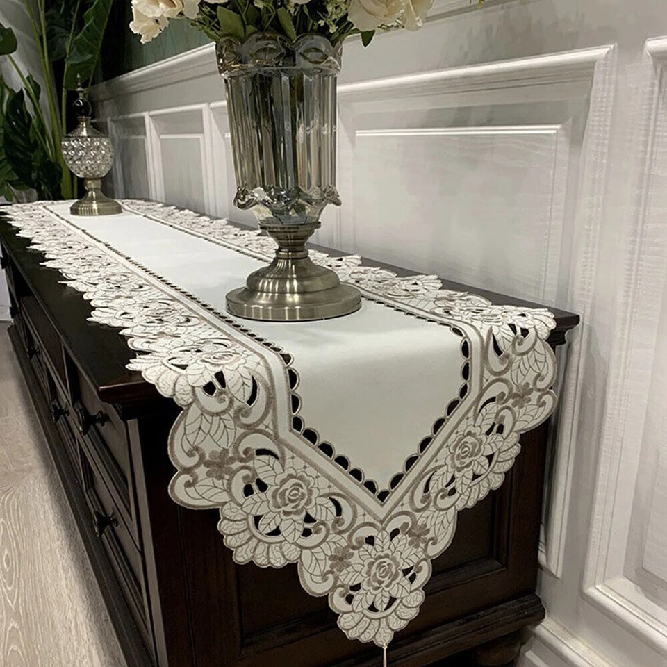 Vintage Embroidered Lace Tablecloth Dining Table Runner Doilies Mats Wedding - Image 4 of 4