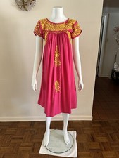Vintage Oaxacan Embroidered Huipil Dress Pink Yellow Cotton Floral XS S 70s 80s