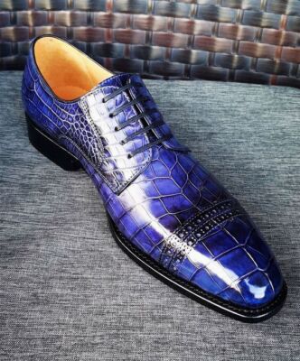 New Men Handmade Blue Crocodile Print Leather Derby Lace up Toe cap Dress Shoes