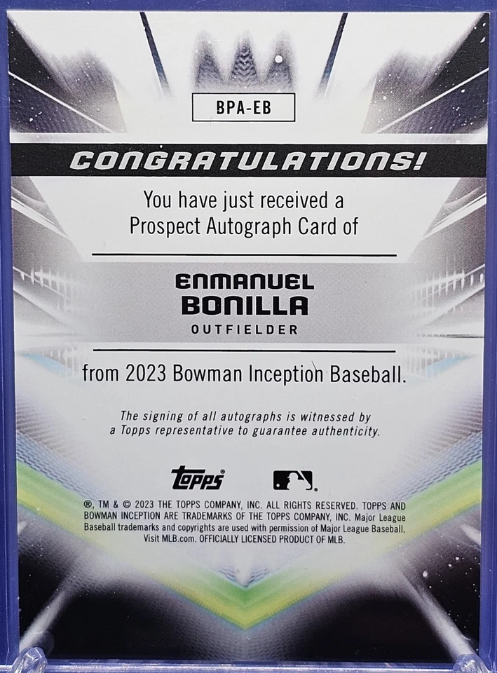 2023 Bowman Inception Enmanuel Bonilla Blue Jays Auto Orange Foil 4/25 #BPA-EB - Image 2 of 2