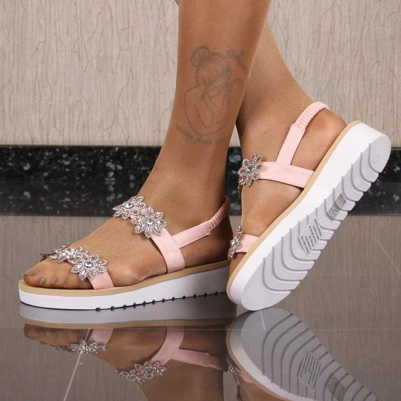 Flache Damen Sandalen mit Strasssteinen Rosa #JBX-1 - Bild 3 von 4