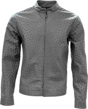 Men's Real Ostrich Pattern Leather Gray Handmade Motorcycle Biker Jacket