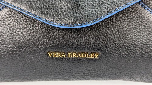 VERA BRADLEY Harper Black Leather Blue CLUTCH Purse Bag Gold Link Chain Strap - Picture 13 of 18