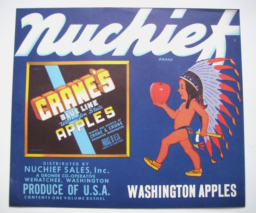 Original Nuchief CRANE'S apple crate label Wenatchee WA Crane & Crane Brewster
