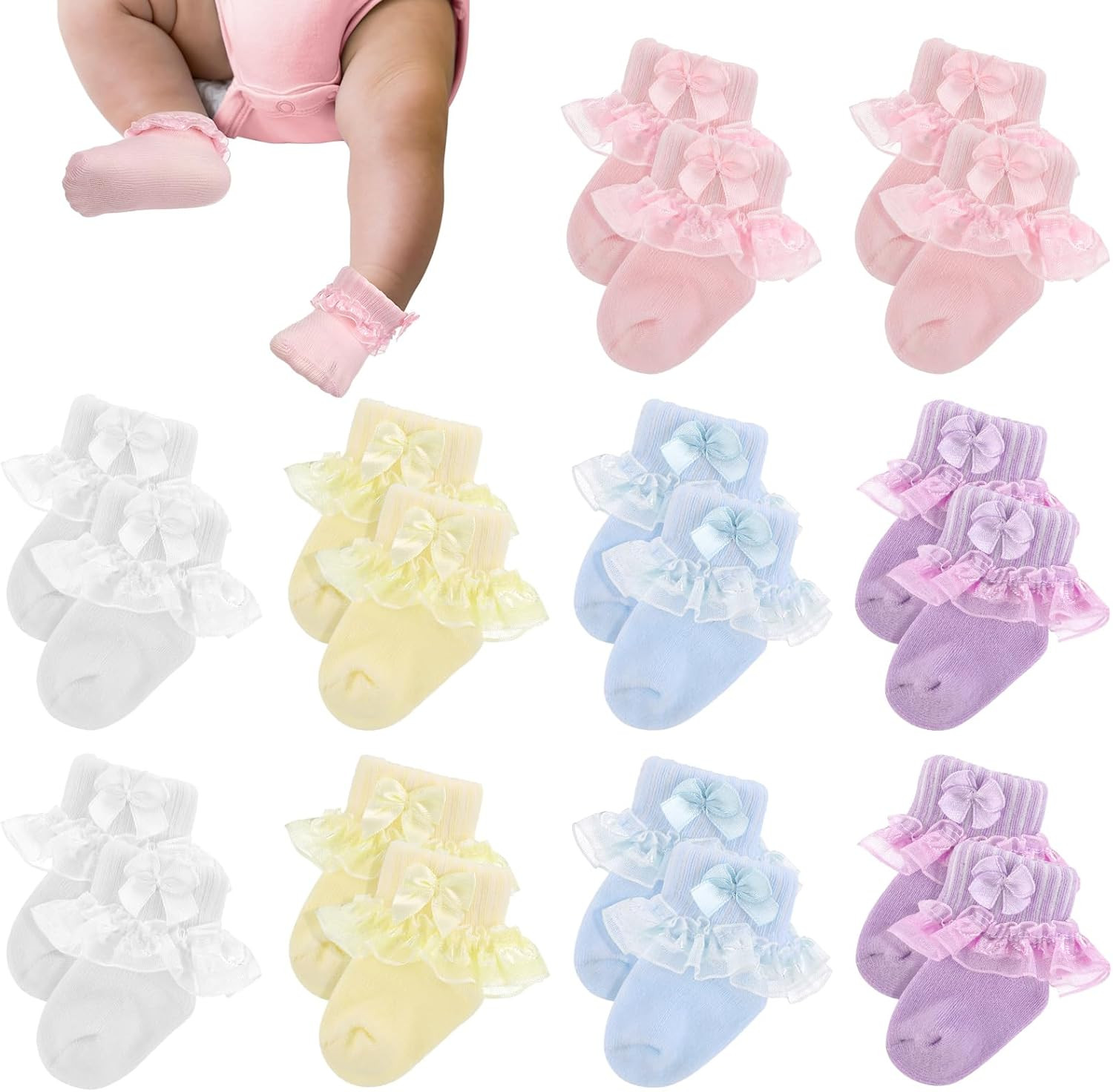 10 Pairs Preemie Socks Ruffle Lace Ruffle Cotton Socks for Preemie Girls Boys