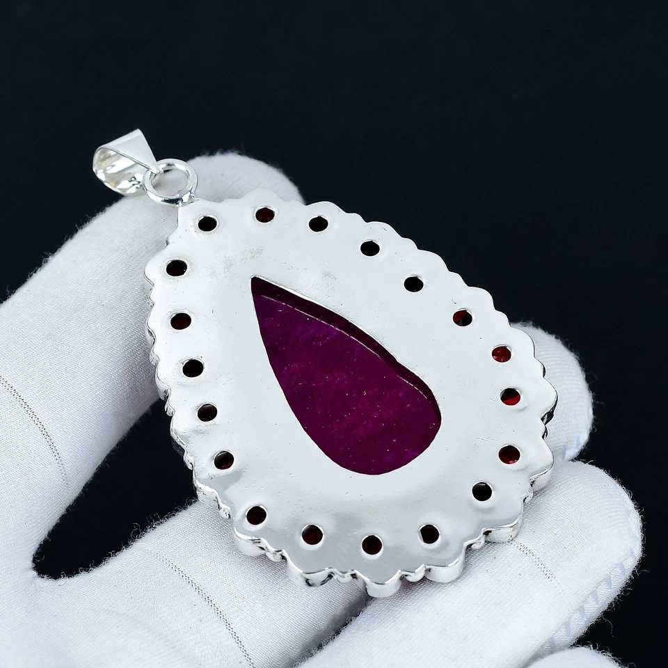 Ruby Lab Created & Garnet Gemstone Pendant 925 Sterling Silver Jewelry For Gifts - Image 4 of 4