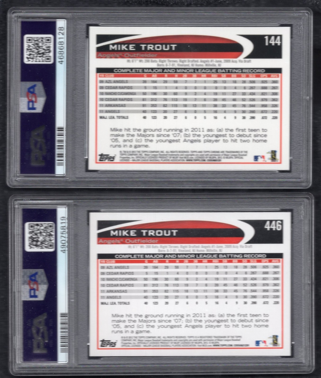 2012 Topps Chrome #144 & 2012 Topps #446 Mike Trout PSA 9 view 2