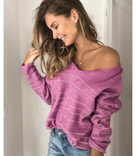 Sweater Womens Long Sleeve Striped Tops Pullover Knit Jumper Black Blouse V Neck-image
