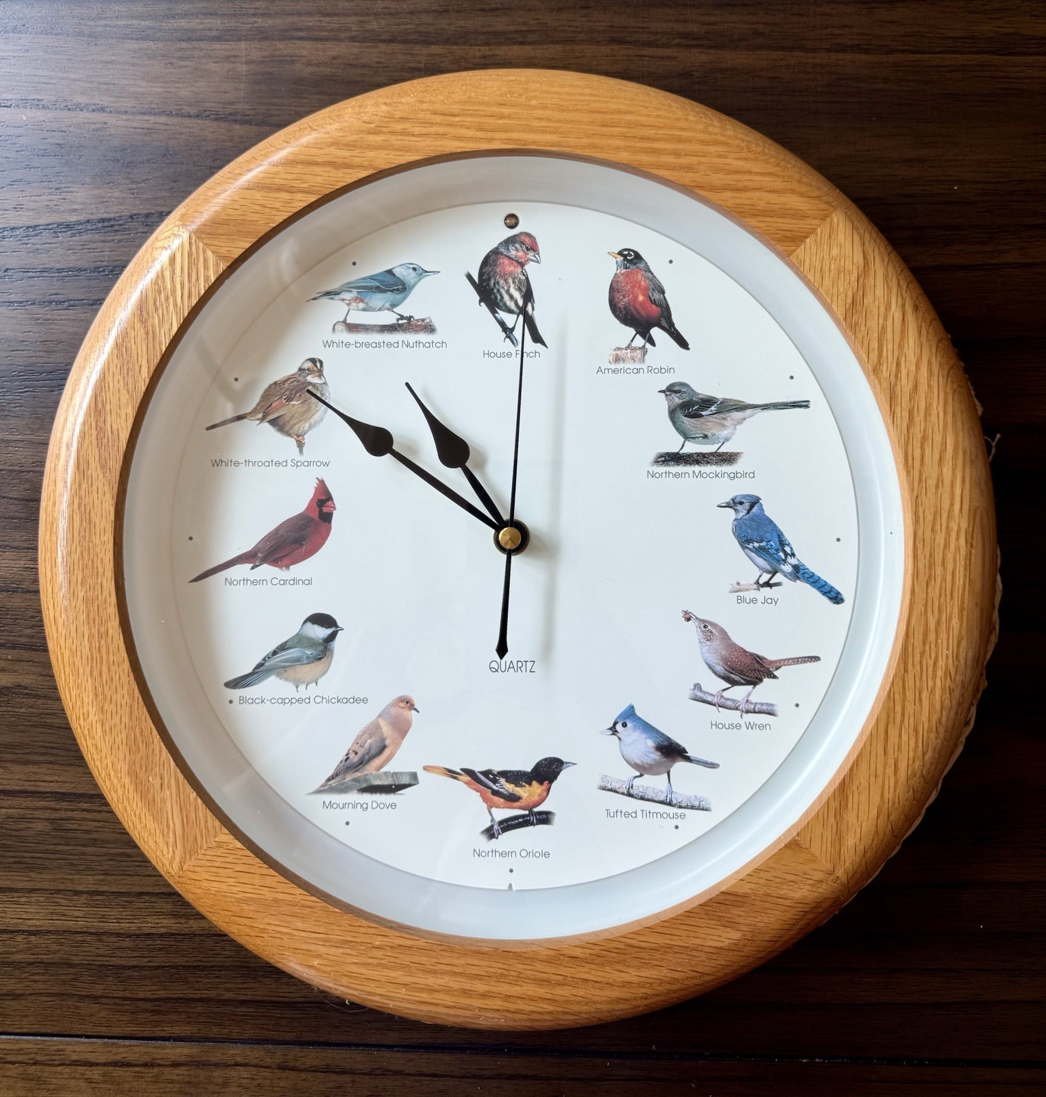 Vintage Singing Bird Clock Oak Wood Frame Hourly Bird Sounds Quartz WORKS