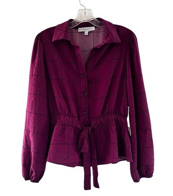 NEW Sweet Rain Maroon Plaid Long Balloon Sleeves Peplum Tie Waist Blouse MED nwt