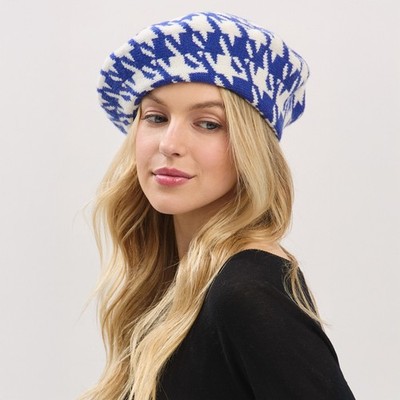 ScarvesMe Women Red Green Blue Houndstooth Two Tone Knit Winter Beret Hat