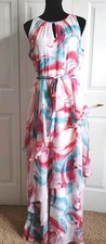 Tahari ASL dress maxi sleeveless keyhole chiffon layers pink blue belt lined 12