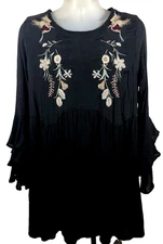 Umgee USA Dress XL Dress Black Embroidered Lined Gauze Ruffle Sleeve Boho Gothic