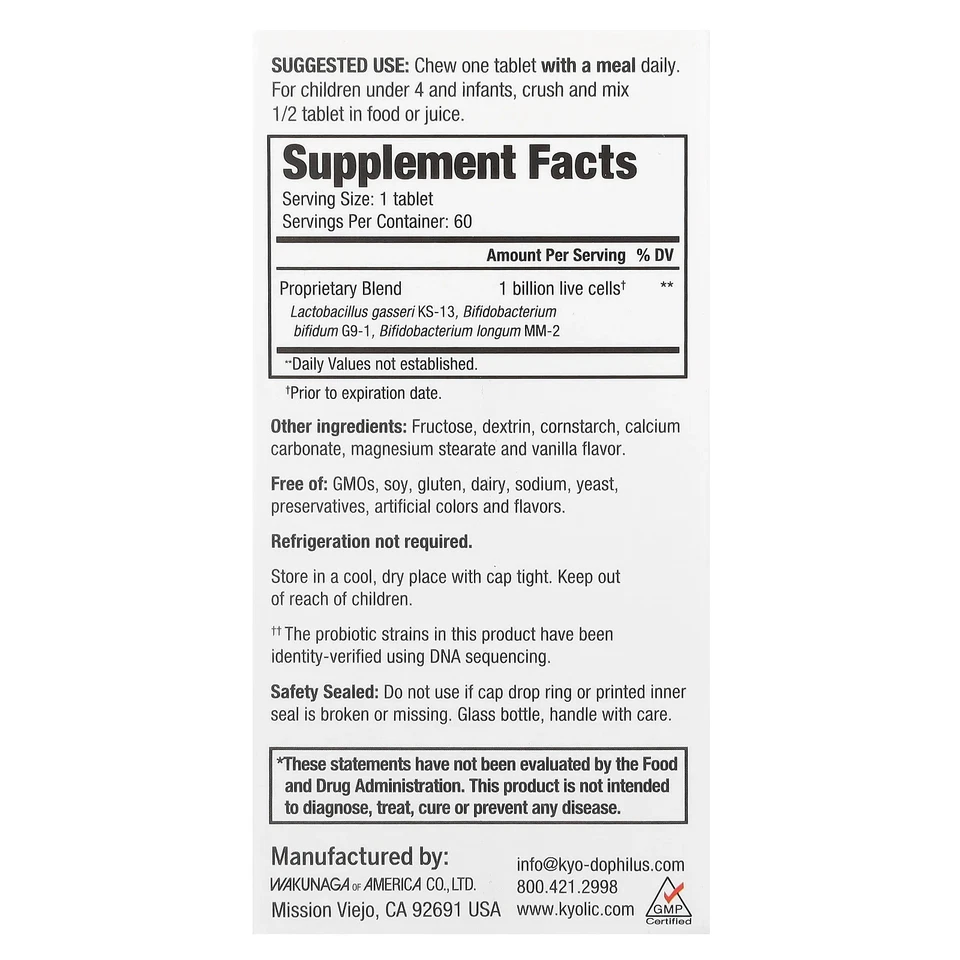 Wakunaga - Kyolic Kid s Kyo-Dophilus baunilha mastigável 60 comprimidos sem laticínios, - Imagem 2 de 3