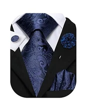  Mens Tie Set Silk Striped Woven Necktie with Lapel Pin Navy Blue Paisley