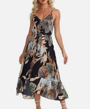 Brovave Bohemian Tropical Midi Button Dress Women Large Black Beach Granolagirl