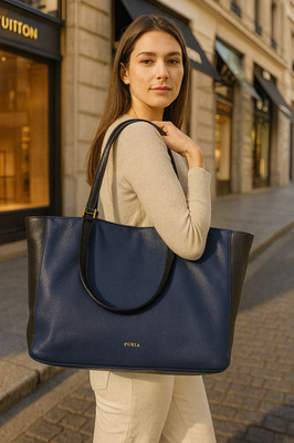 NEW FURLA Gemini Blue/Gray Leather Convertible Shopper Tote Bag