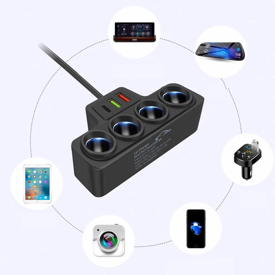 Lighter Charger Socket Splitter Cigarette Power Fast Car Adapter 4Way 12V 7in1 - - Image 3 of 4