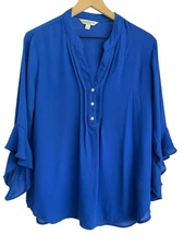 Counterparts Women Large L LG Blue 3/4 Ruffle Sleeve Semi Sheer Blouse