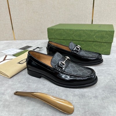 Men's Gucci Horsebit Loafers, Black Polished Leather & GG Supreme Canvas Slip-on