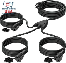 Black 1 to 3 Splitter Extension Cord (Combined 25 FT, End to End 13 FT), 3 Prong