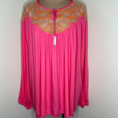 David Meister Peasant Top 1X Womens Plus Embroidered Relaxed Pink Orange Rayon  