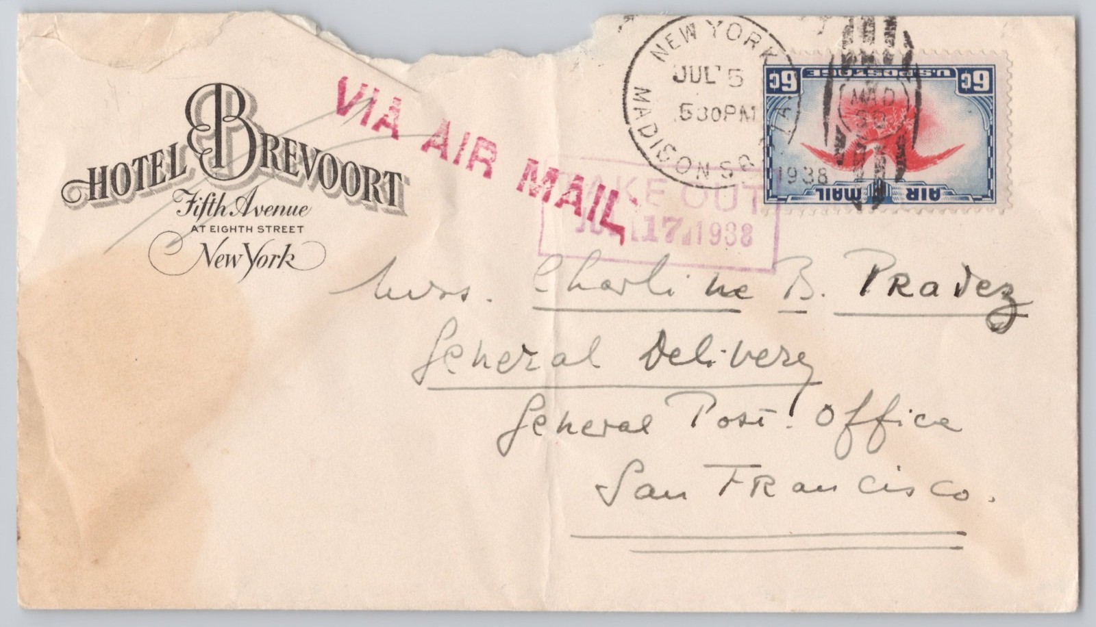 New York, NY Hotel Brevoort Fifth Ave & 8th St air-mail cover, 1938 6c