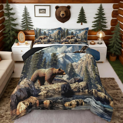 3D Bear Hunt Queen Comforter Set for Kids - Wildlife & Mountain Theme