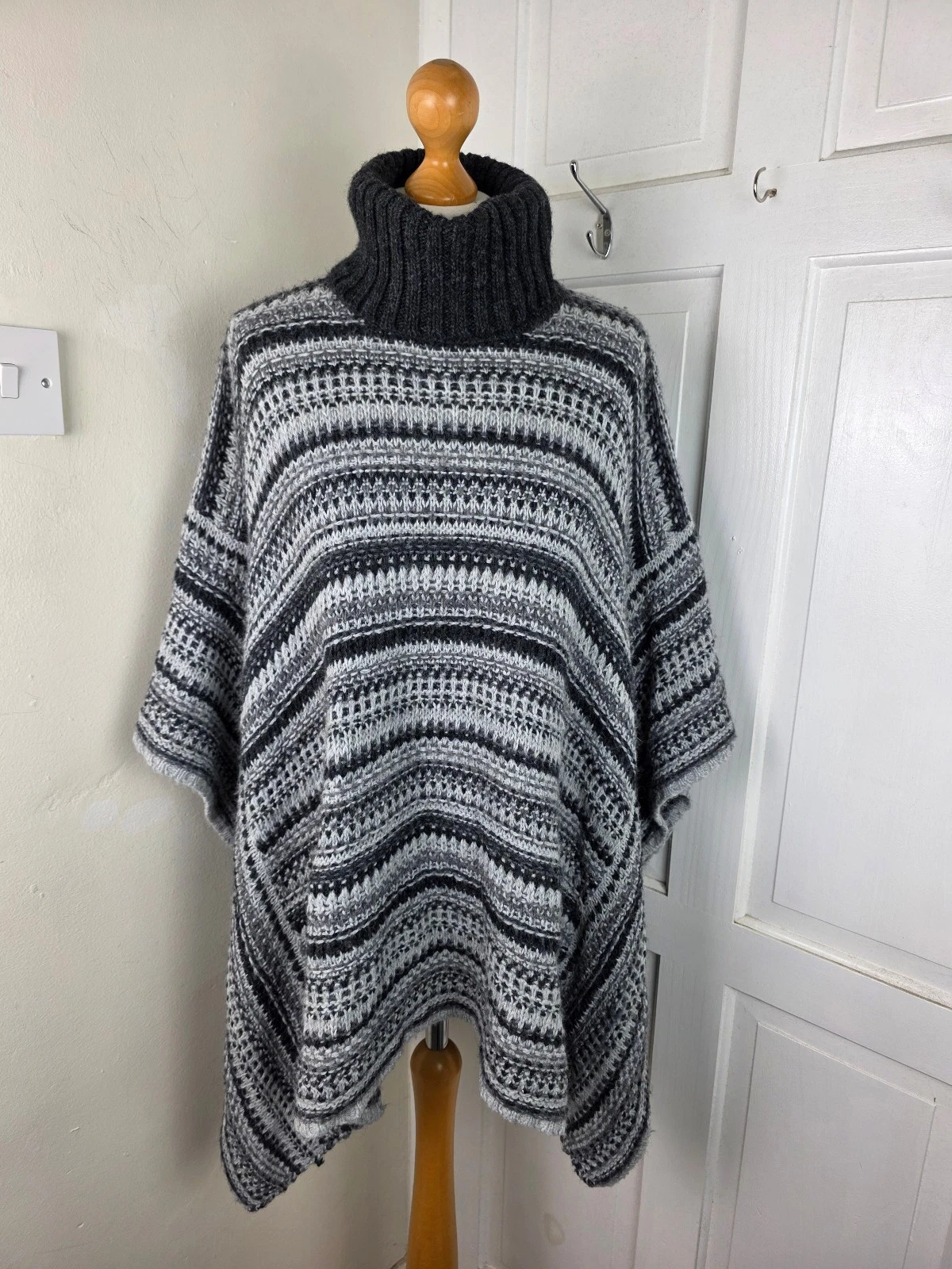 MAINE Grey Black Chunky Knit Roll Neck Poncho/Cape Size M