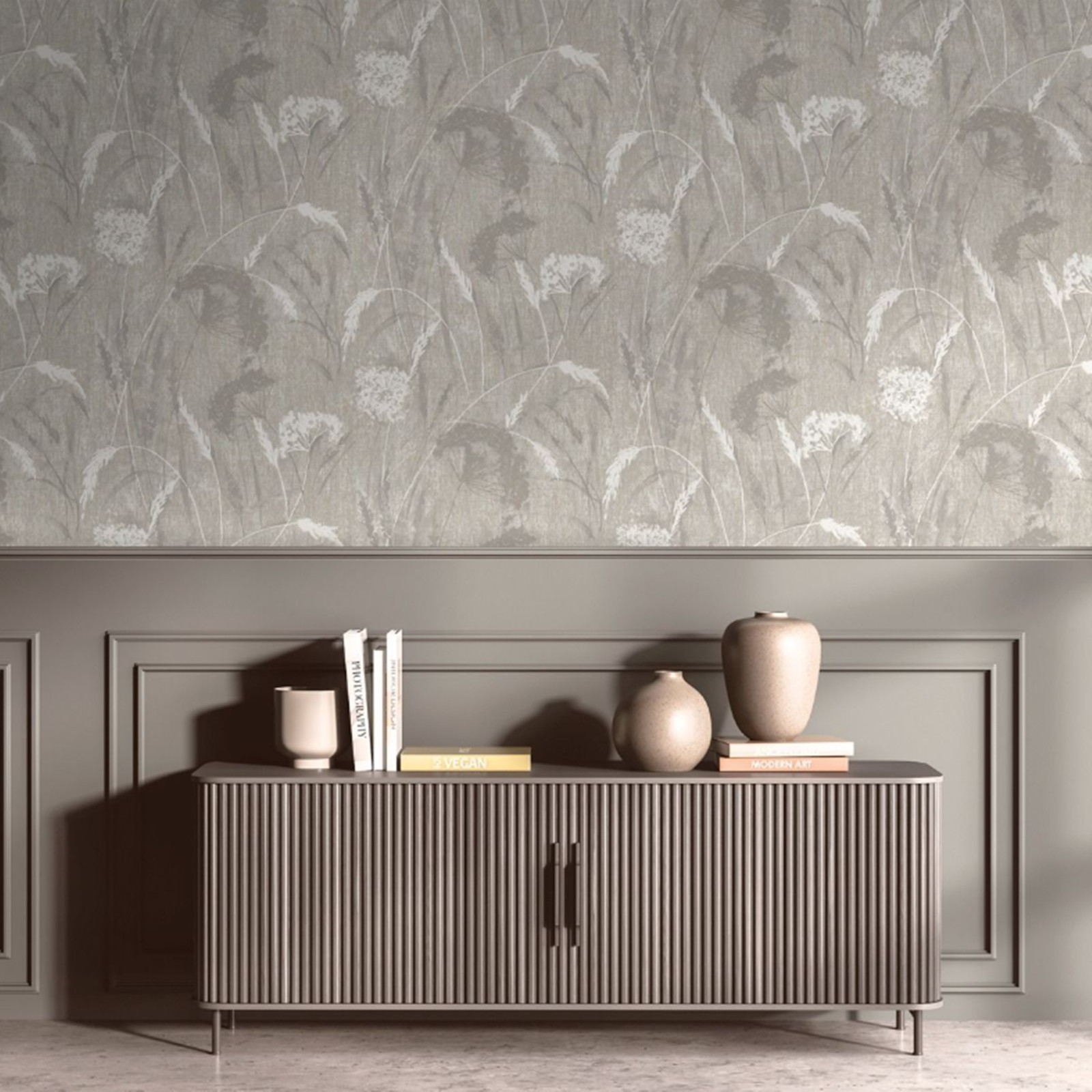 Grey Floral Textured Wallpaper Dandelions Meadows Gold Metallic Shimmer Lounge