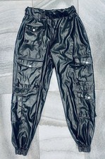 Women  s Black Faux Leather Cargo Joggers Drawstring Waist New Size S