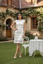 Vince Camuto White & Gold Metallic Geometric Embroidered Sheath Dress Size 2