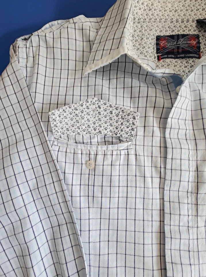 英国洗衣店 Christopher Wicks 刺绣男式 XL 手工缝制衬衫按扣袖口 — 第 3/4 张图片