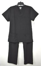 Scrubaid Womens Black V-Neck Short Sleeve Waistband Straight Leg Pant Scrub Set