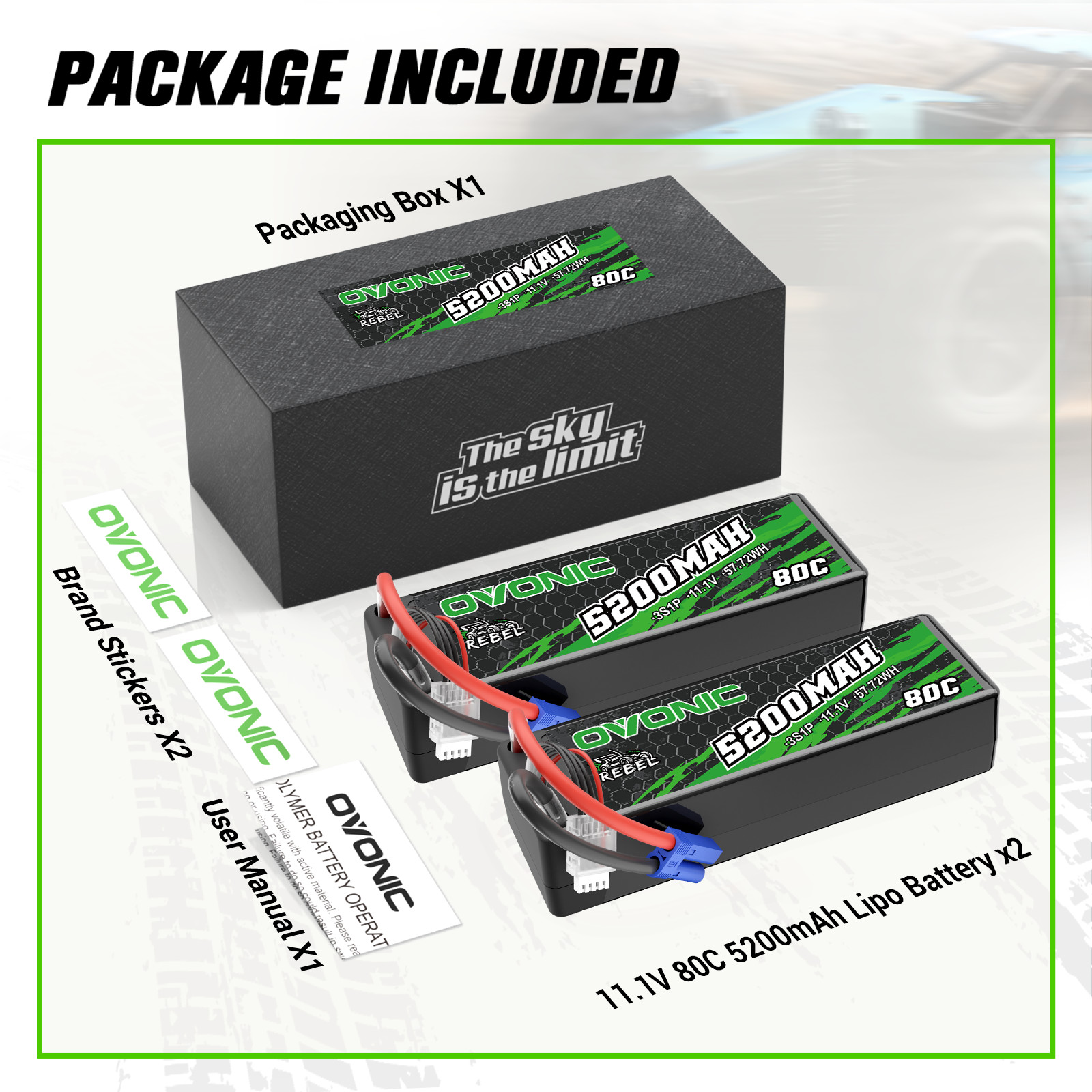 2X OVONIC 5200mAh 3S Lipo Battery 11.1V 80C EC5 For RC Car Truck 1/10 Arrma Losi