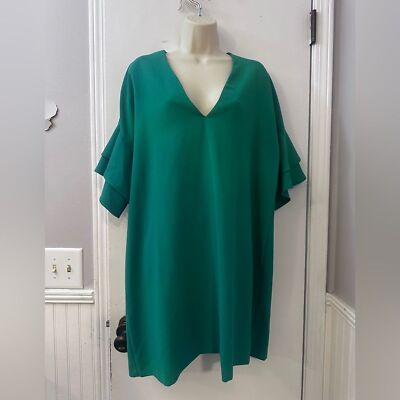 Zara Woman XXL Green Ruffle Sleeve V-Neck Shift Dress Chic Flowy Minimalist