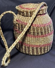 Basket Purse Boho Ethnic Tribal Vintage Folk Art Lid  Strap Handle Hand Woven