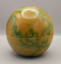 Vintage Handmade Handpainted Wooden World Globe Storage Container Box Base & Lid