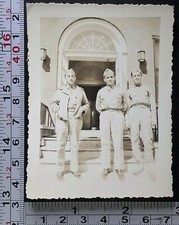 WW2 Era Soldiers Posing Outside Building Uniform Military Photo Snapshot 1
