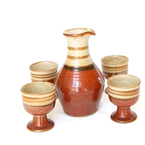 New Takahashi San Francisco MCM Stoneware Sake Set Cups Pitcher 5pc Japan