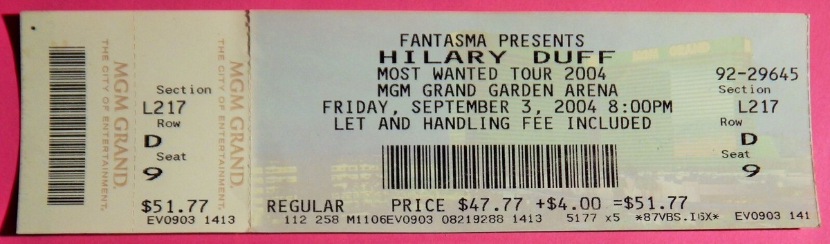 HILARY DUFF MOST WANTED TOUR ORIGINAL USED TICKET, MGM LAS VEGAS
