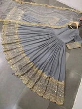 Stylish Look Grey Faux Georgette Gown With Net Dupatta For Women Reception