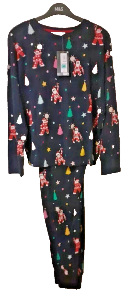 New M&S Pyjamas Disco Santa Navy Mix Cotton Pyjamas Sz L UK