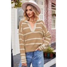 Striped Dropped Shoulder Notched Neck Knit Top